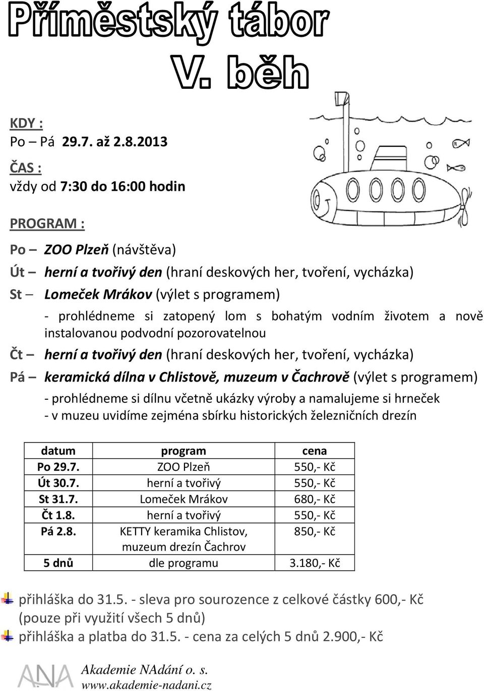 lom s bohatým vodním životem a nově instalovanou podvodní pozorovatelnou Čt herní a tvořivý den (hraní deskových her, tvoření, vycházka) Pá keramická dílna v Chlistově, muzeum v Čachrově (výlet s