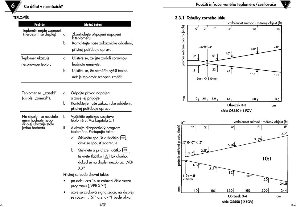 Ujistûte se, Ïe nemûfiíte vy í teplotu neï je teplomûr schopen zmûfiit 3.3.1 Tabulky zorného úhlu prûmûr mûfiené plochy (inch) vzdálenost snímaã - mûfien objekt (ft) Teplomûr se zasekl a.