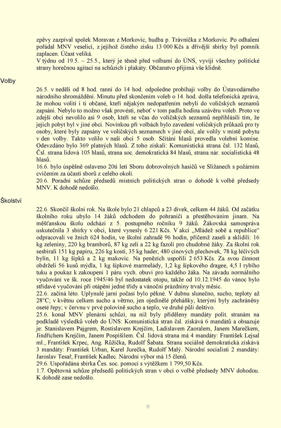 ranní do 14 hod. odpoledne probíhají volby do Ústavodárného národního shromáždění. Minutu před skončením voleb o 14. hod. došla telefonická zpráva, že mohou voliti i ti občané, kteří nějakým nedopatřením nebyli do voličských seznamů zapsáni.