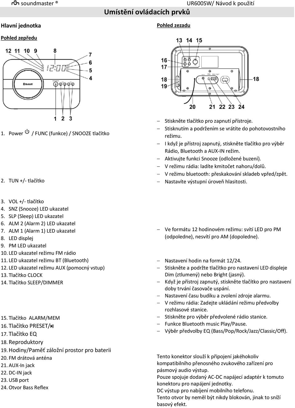 V režimu rádia: ladíte kmitočet nahoru/dolů. V režimu bluetooth: přeskakování skladeb vpřed/zpět. Nastavíte výstupní úroveň hlasitosti. 3. VOL +/- tlačítko 4. SNZ (Snooze) LED ukazatel 5.