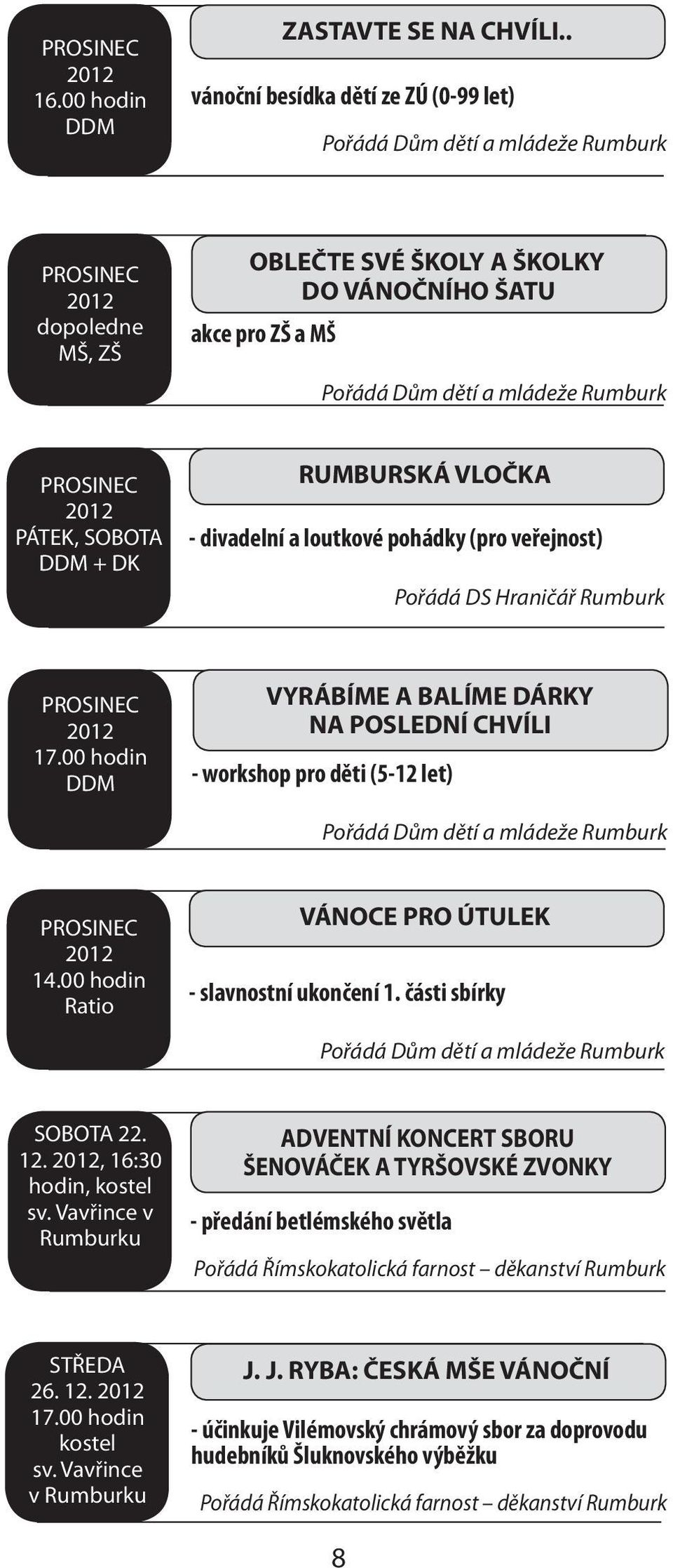 SOBOTA + DK RUMBURSKÁ VLOČKA - divadelní a loutkové pohádky (pro veřejnost) Pořádá DS Hraničář PROSINEC VYRÁBÍME A BALÍME DÁRKY NA POSLEDNÍ CHVÍLI - workshop pro děti (5-12 let) Pořádá Dům dětí a