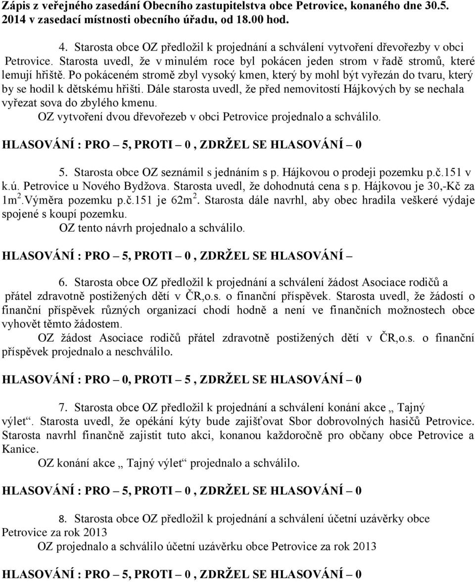 Dále starosta uvedl, že před nemovitostí Hájkových by se nechala vyřezat sova do zbylého kmenu. OZ vytvoření dvou dřevořezeb v obci Petrovice projednalo a schválilo. 5.