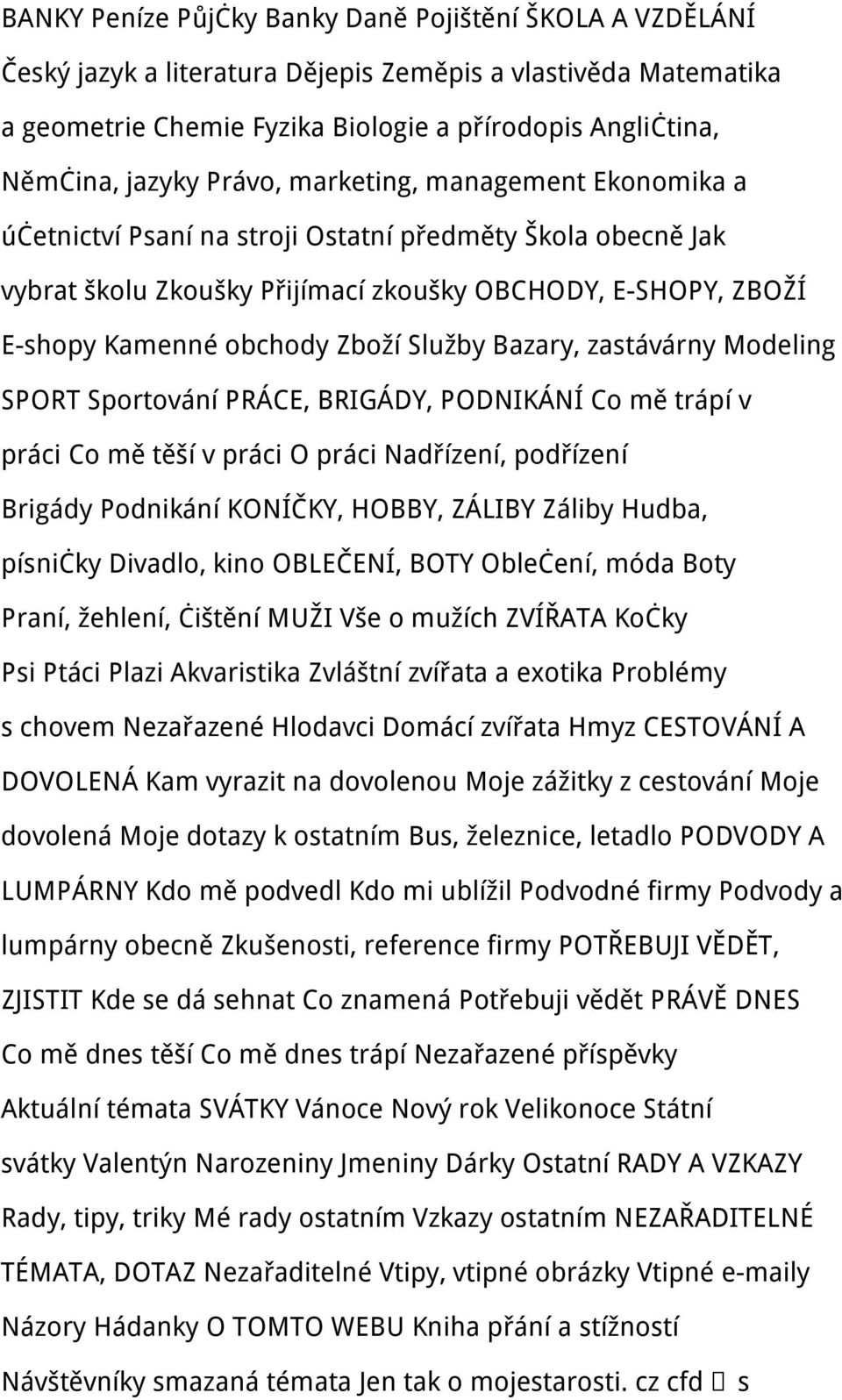 Služby Bazary, zastávárny Modeling SPORT Sportování PRÁCE, BRIGÁDY, PODNIKÁNÍ Co mě trápí v práci Co mě těší v práci O práci Nadřízení, podřízení Brigády Podnikání KONÍČKY, HOBBY, ZÁLIBY Záliby