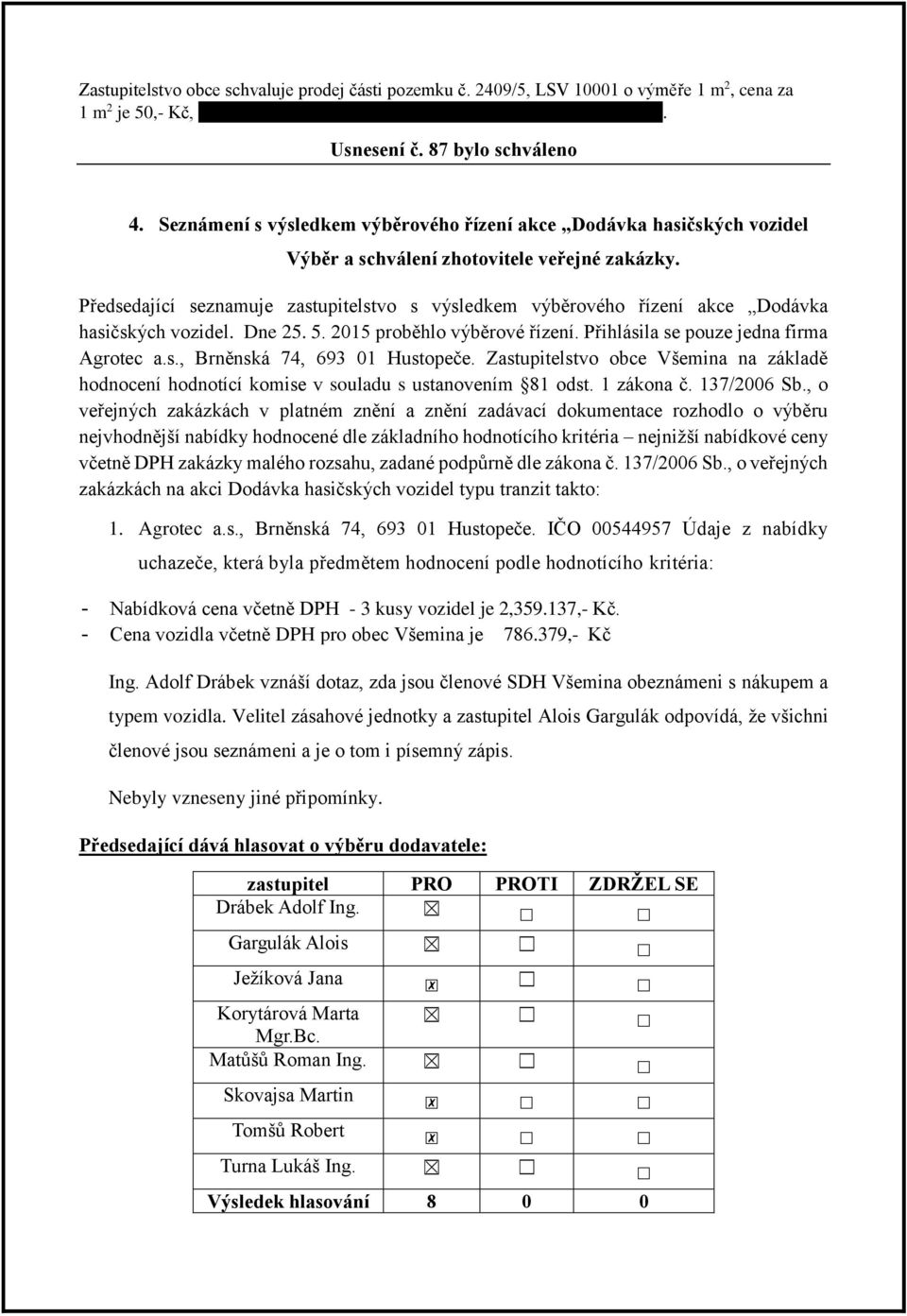 Předsedající seznamuje zastupitelstvo s výsledkem výběrového řízení akce Dodávka hasičských vozidel. Dne 25. 5. 2015 proběhlo výběrové řízení. Přihlásila se pouze jedna firma Agrotec a.s., Brněnská 74, 693 01 Hustopeče.