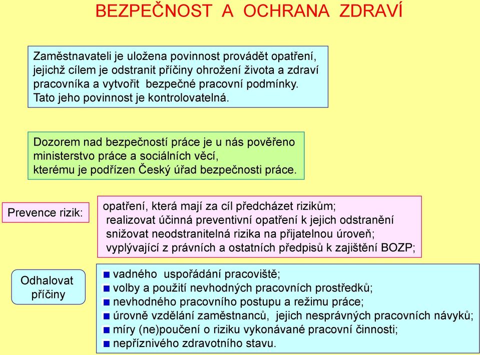 Prevence rizik: Odhalovat příčiny opatření, která mají za cíl předcházet rizikům; realizovat účinná preventivní opatření k jejich odstranění sniţovat neodstranitelná rizika na přijatelnou úroveň;