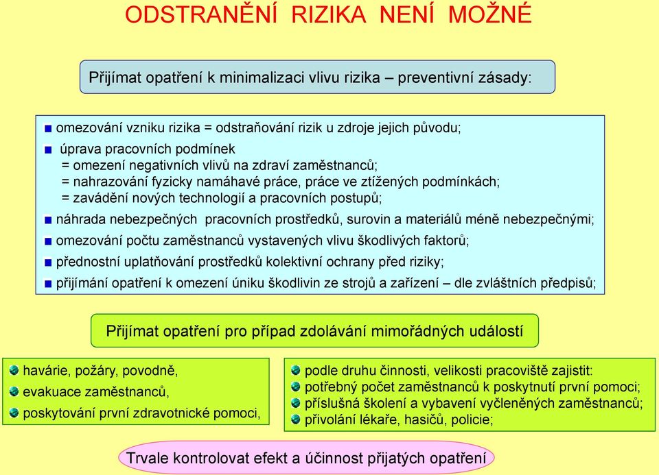 pracovních prostředků, surovin a materiálů méně nebezpečnými; omezování počtu zaměstnanců vystavených vlivu škodlivých faktorů; přednostní uplatňování prostředků kolektivní ochrany před riziky;