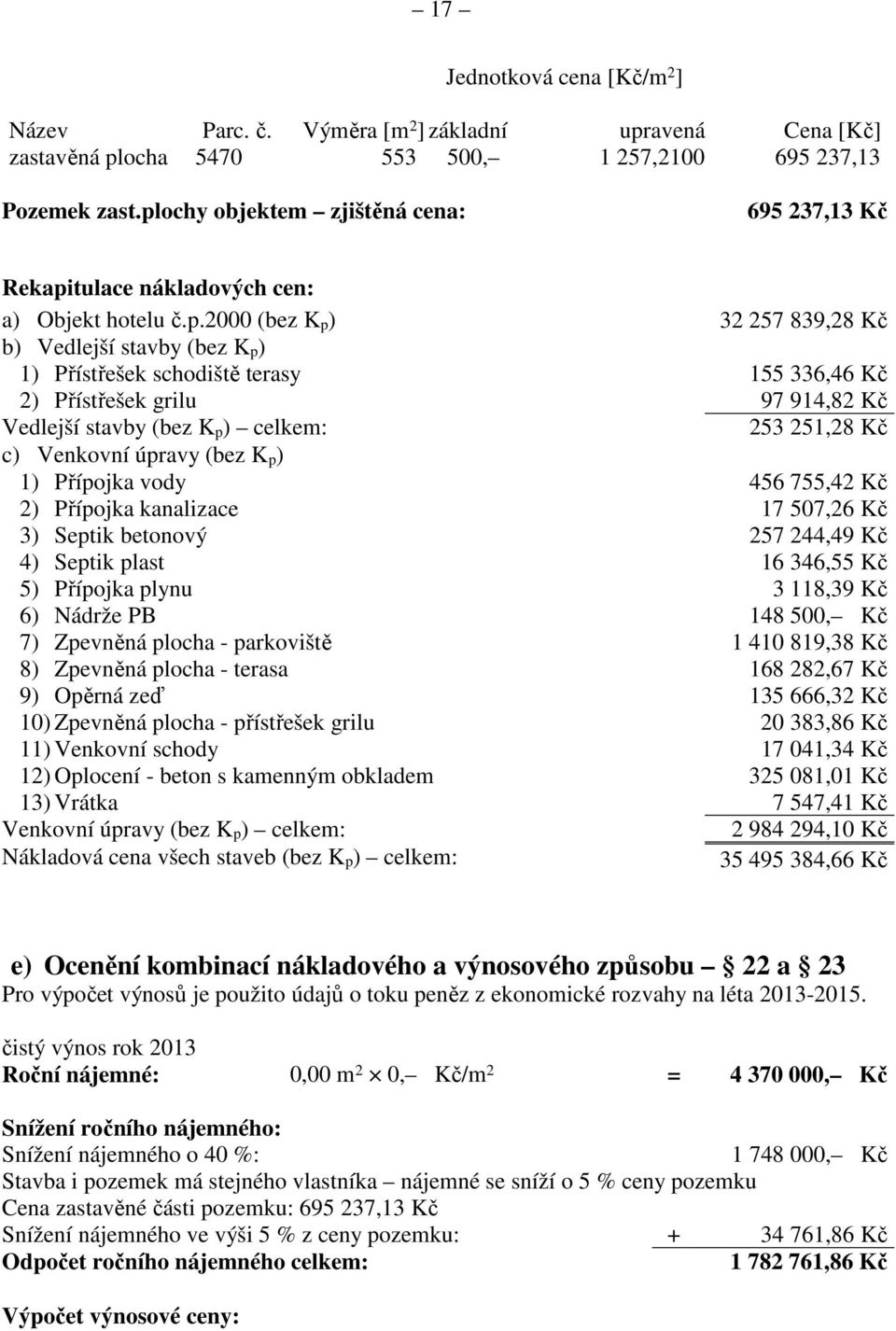 336,46 Kč 2) Přístřešek grilu 97 914,82 Kč Vedlejší stavby (bez K p ) celkem: 253 251,28 Kč c) Venkovní úpravy (bez K p ) 1) Přípojka vody 456 755,42 Kč 2) Přípojka kanalizace 17 507,26 Kč 3) Septik