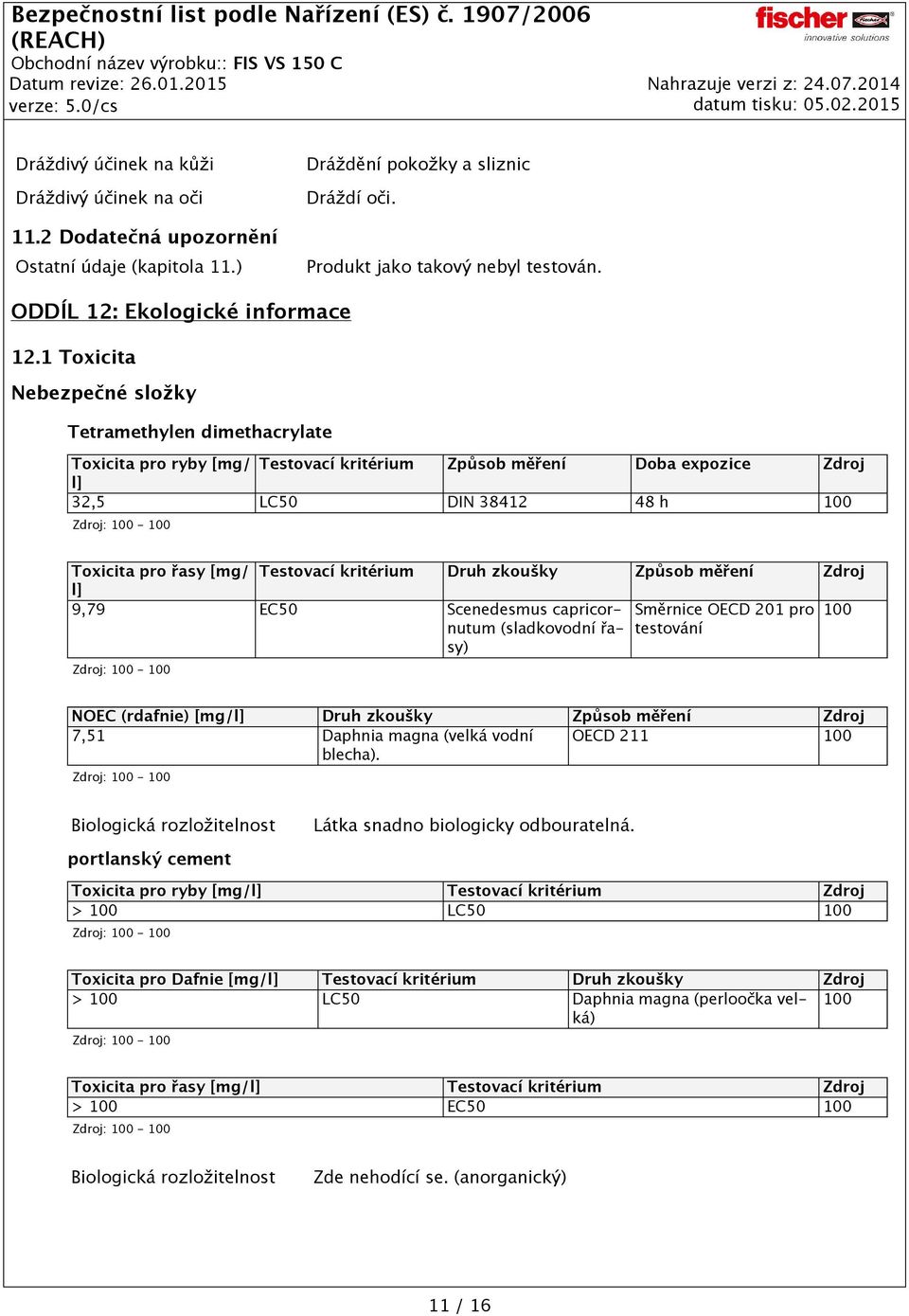 1 Toxicita Nebezpečné složky Tetramethylen dimethacrylate Toxicita pro ryby [mg/ Testovací kritérium Způsob měření Doba expozice l] 32,5 LC50 DIN 38412 48 h 100 Toxicita pro řasy [mg/ Testovací