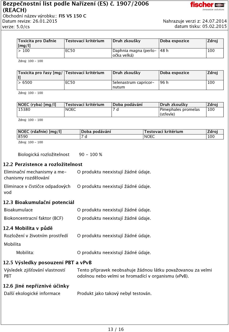 Testovací kritérium 8590 7 d NOEC 100 Biologická rozložitelnost 90-100 % 12.2 Perzistence a rozložitelnost Eliminační mechanismy a mechanismy rozdělování O produktu neexistují žádné údaje.