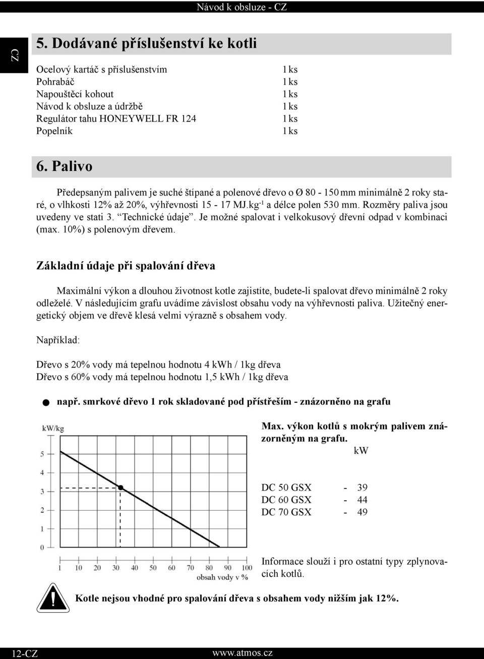 Rozměry paliva jsou uvedeny ve stati 3. Technické údaje. Je možné spalovat i velkokusový dřevní odpad v kombinaci (max. 10%) s polenovým dřevem.