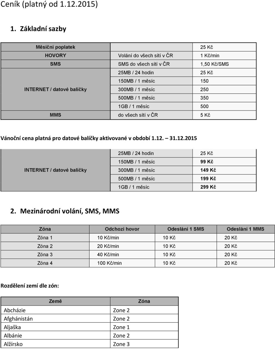 měsíc 250 500MB / 1 měsíc 350 1GB / 1 měsíc 500 MMS do všech sítí v ČR 5 Kč Vánoční cena platná pro datové balíčky aktivované v období 1.12.