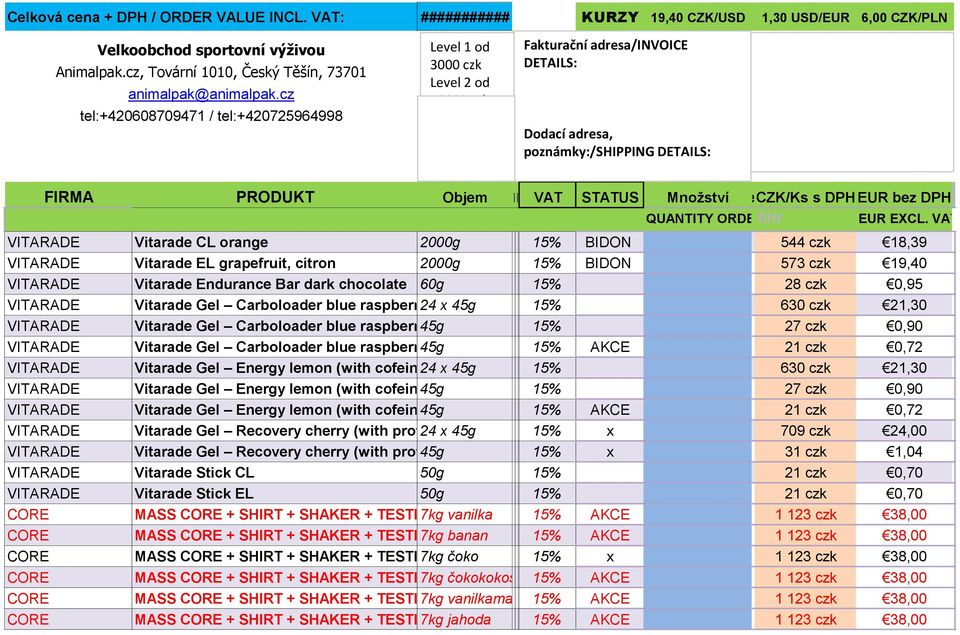 000 czk Fakturační adresa/invoice DETAILS: Dodací adresa, poznámky:/shipping DETAILS: FIRMA PRODUKT ObjemLEVEL 12 3VAT STATUS Mno ství Celkem CZK/Ks Kč s DPH EUR bez DPH QUANTITY ORDERED filtr INCL.