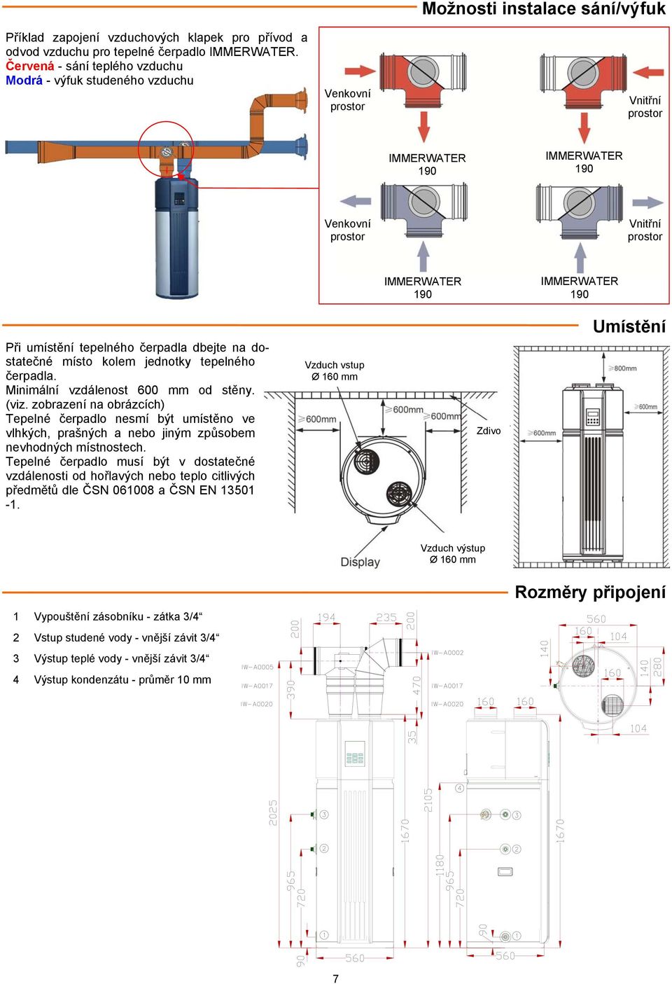 190 IMMERWATER 190 Při umístění tepelného čerpadla dbejte na dostatečné místo kolem jednotky tepelného čerpadla. Minimální vzdálenost 600 mm od stěny. (viz.