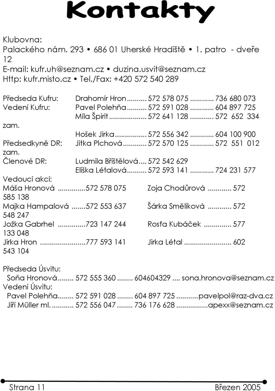 .. 604 100 900 Předsedkyně DR: Jitka Plchová... 572 570 125... 572 551 012 zam. Členové DR: Ludmila Bříštělová... 572 542 629 Eliška Létalová... 572 593 141... 724 231 577 Vedoucí akcí: Máša Hronová.