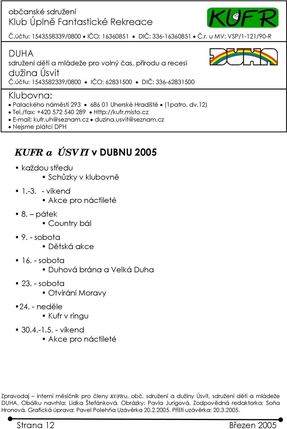 cz duzina.usvit@seznam.cz Nejsme plátci DPH KUFR a ÚSVIT v DUBNU 2005 každou středu Schůzky v klubovně 1.-3. - víkend Akce pro náctileté 8. pátek Country bál 9. - sobota Dětská akce 16.