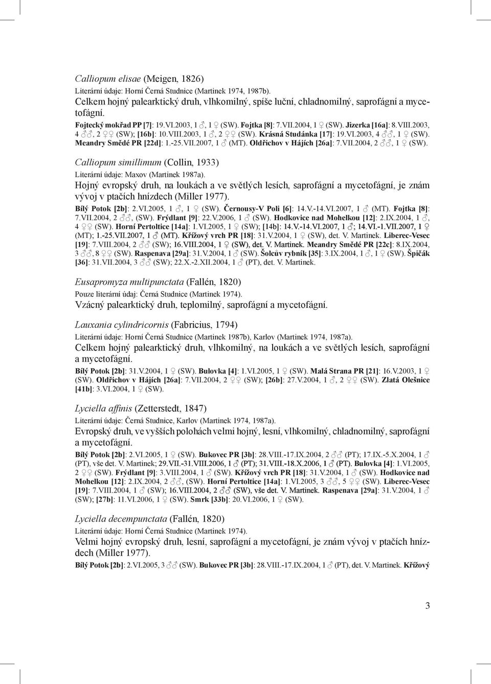 Meandry Smědé PR [22d]: 1.-25.VII.2007, 1 (MT). Oldřichov v Hájích [26a]: 7.VII.2004, 2, 1 (SW). Calliopum simillimum (Collin, 1933) Literární údaje: Maxov (Martinek 1987a).