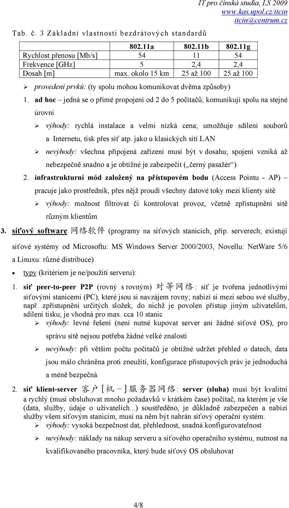 ad hoc jedná se o přímé propojení od 2 do 5 počítačů; komunikují spolu na stejné úrovni výhody: rychlá instalace a velmi nízká cena; umožňuje sdílení souborů a Internetu, tisk přes síť atp.