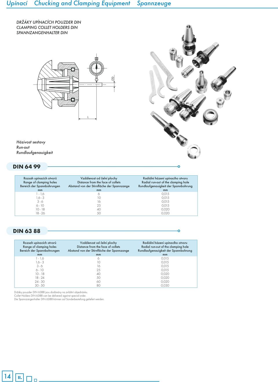 Rundlaufgenauigkeit der Spannbohrung mm mm mm 1-1,6 6 0,015 1,6-3 10 0,015 3-6 16 0,015 6-10 25 0,015 10-18 40 0,020 18-26 50 0,020 DIN 63 88 Rozsah upínacích otvorů Vzdálenost od čelní plochy