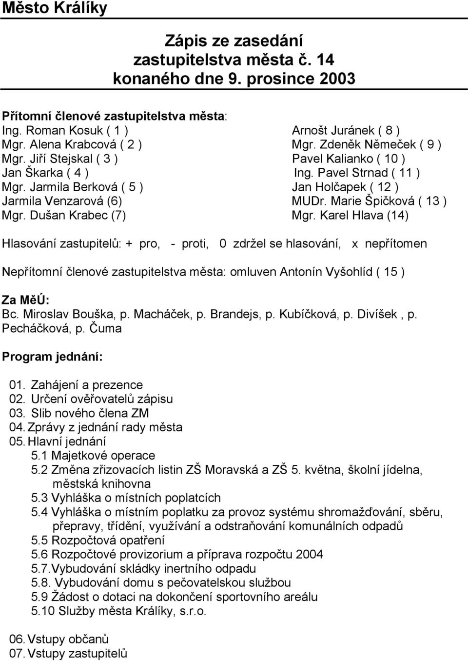 Jarmila Berková ( 5 ) Jan Holčapek ( 12 ) Jarmila Venzarová (6) MUDr. Marie Špičková ( 13 ) Mgr. Dušan Krabec (7) Mgr.