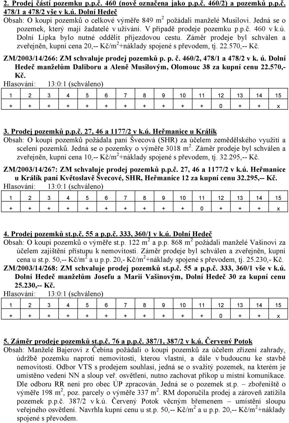 Záměr prodeje byl schválen a zveřejněn, kupní cena 20,-- Kč/m 2 +náklady spojené s převodem, tj. 22.570,-- Kč. ZM/2003/14/266: ZM schvaluje prodej pozemků p. p. č. 460/2, 478/1 a 478/2 v k. ú.