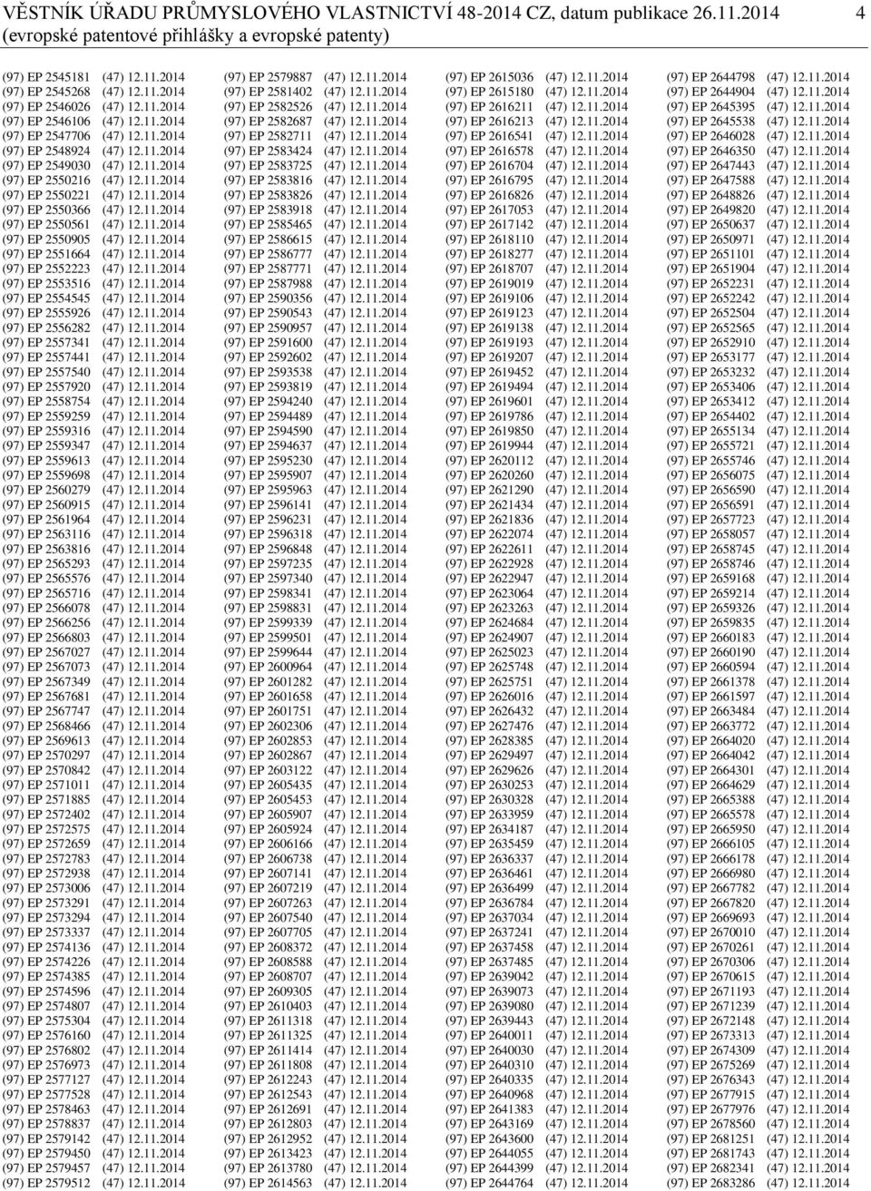 11.2014 (97) EP 2550561 (47) 12.11.2014 (97) EP 2550905 (47) 12.11.2014 (97) EP 2551664 (47) 12.11.2014 (97) EP 2552223 (47) 12.11.2014 (97) EP 2553516 (47) 12.11.2014 (97) EP 2554545 (47) 12.11.2014 (97) EP 2555926 (47) 12.