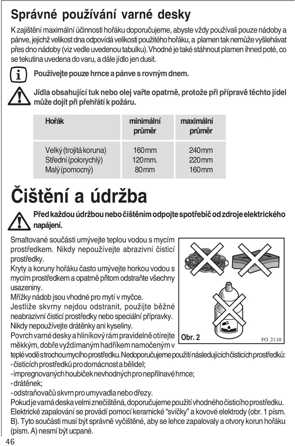 Používejte pouze hrnce a pánve s rovným dnem. Jídla obsahující tuk nebo olej vařte opatrně, protože při přípravě těchto jídel může dojít při přehřátí k požáru.