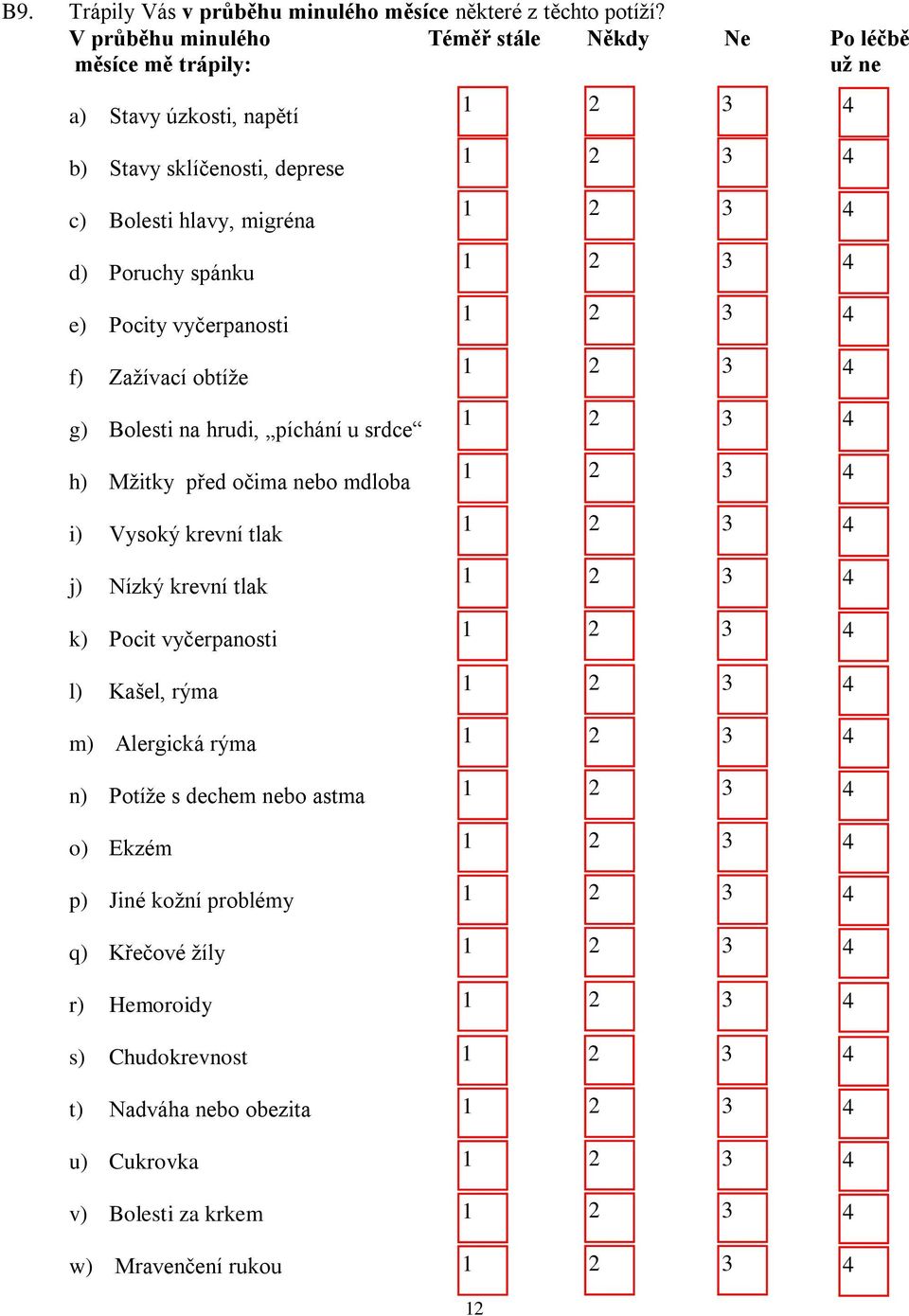 Poruchy spánku e) Pocity vyčerpanosti f) Zažívací obtíže g) Bolesti na hrudi, píchání u srdce h) Mžitky před očima nebo mdloba i) Vysoký krevní tlak j) Nízký