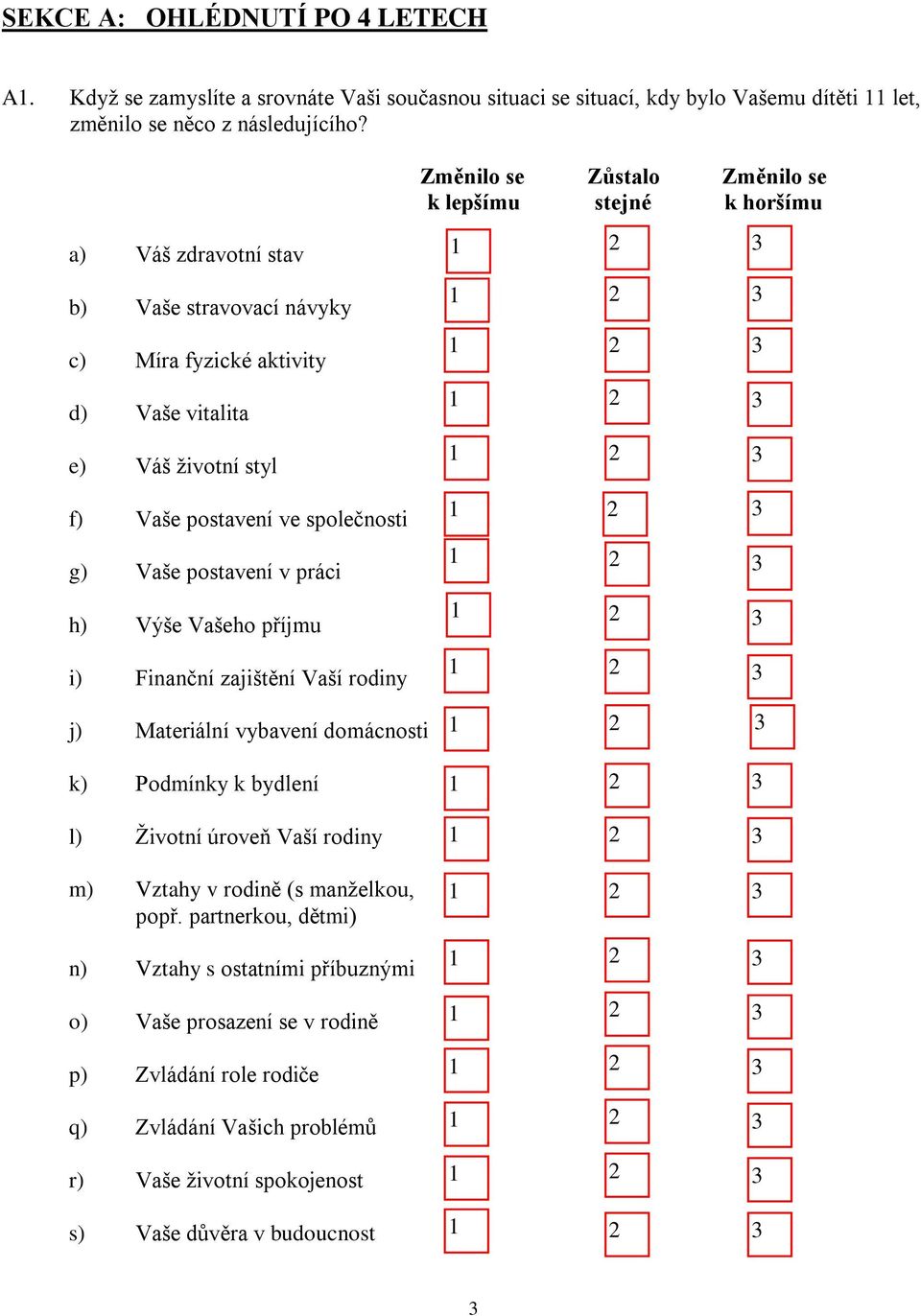 příjmu i) Finanční zajištění Vaší rodiny Změnilo se Zůstalo Změnilo se k lepšímu stejné k horšímu j) Materiální vybavení domácnosti k) Podmínky k bydlení l) Životní úroveň Vaší rodiny m)