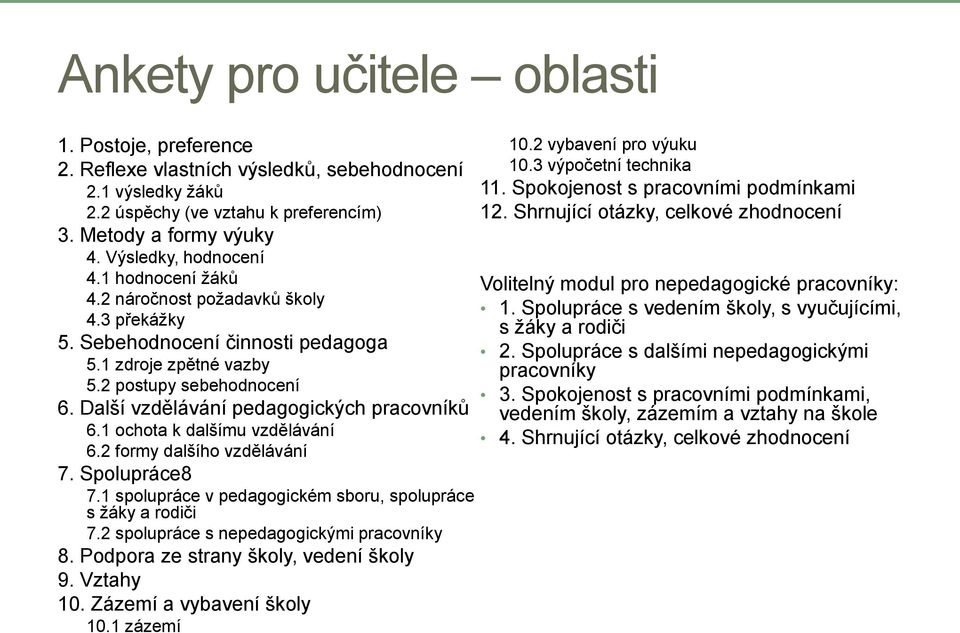 1 ochota k dalšímu vzdělávání 6.2 formy dalšího vzdělávání 7. Spolupráce8 7.1 spolupráce v pedagogickém sboru, spolupráce s ţáky a rodiči 7.2 spolupráce s nepedagogickými pracovníky 8.