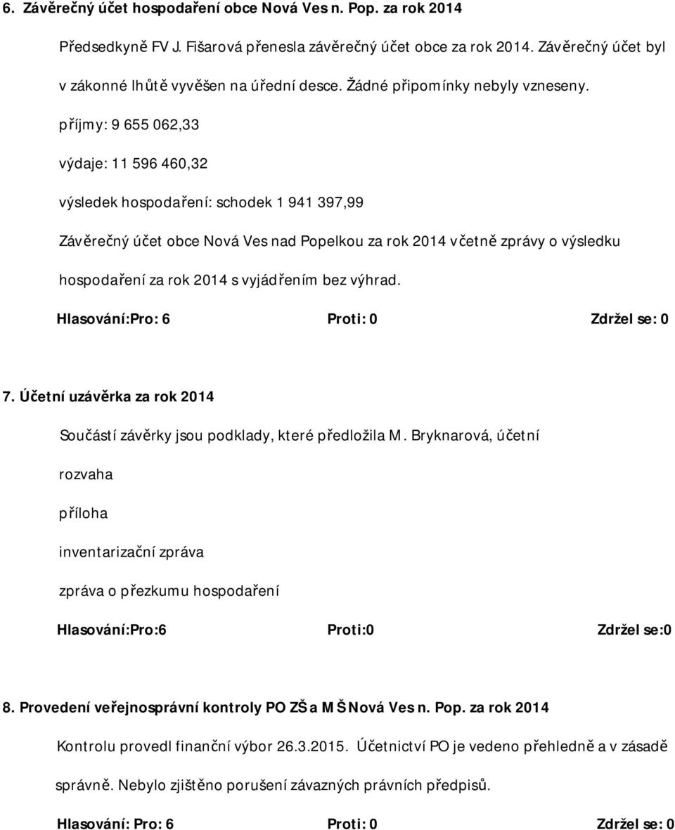 příjmy: 9 655 062,33 výdaje: 11 596 460,32 výsledek hospodaření: schodek 1 941 397,99 Závěrečný účet obce Nová Ves nad Popelkou za rok 2014 včetně zprávy o výsledku hospodaření za rok 2014 s