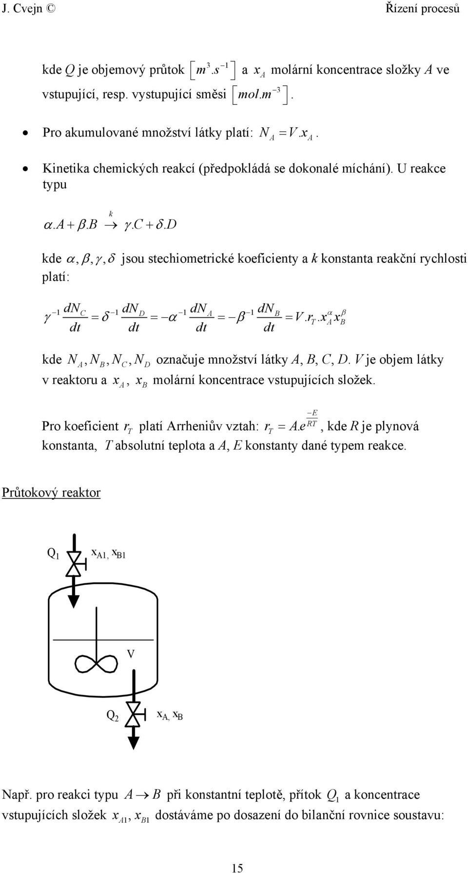 . x x dt dt dt dt A A β T A B kde NA, NB, NC, ND označuje množství látky A, B, C, D. V je objem látky v reaktoru a x A, x B molární koncentrace vstupujících složek.