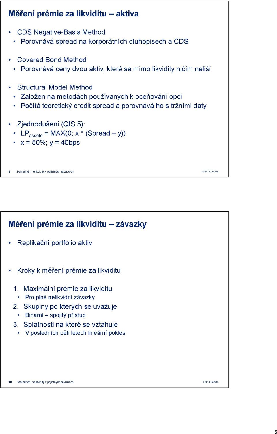 50%; y = 40bps 9 Zohlednění nelikvidity v pojistných závazcích Měření prémie za likviditu závazky Replikační portfolio aktiv Kroky k měření prémie za likviditu 1.