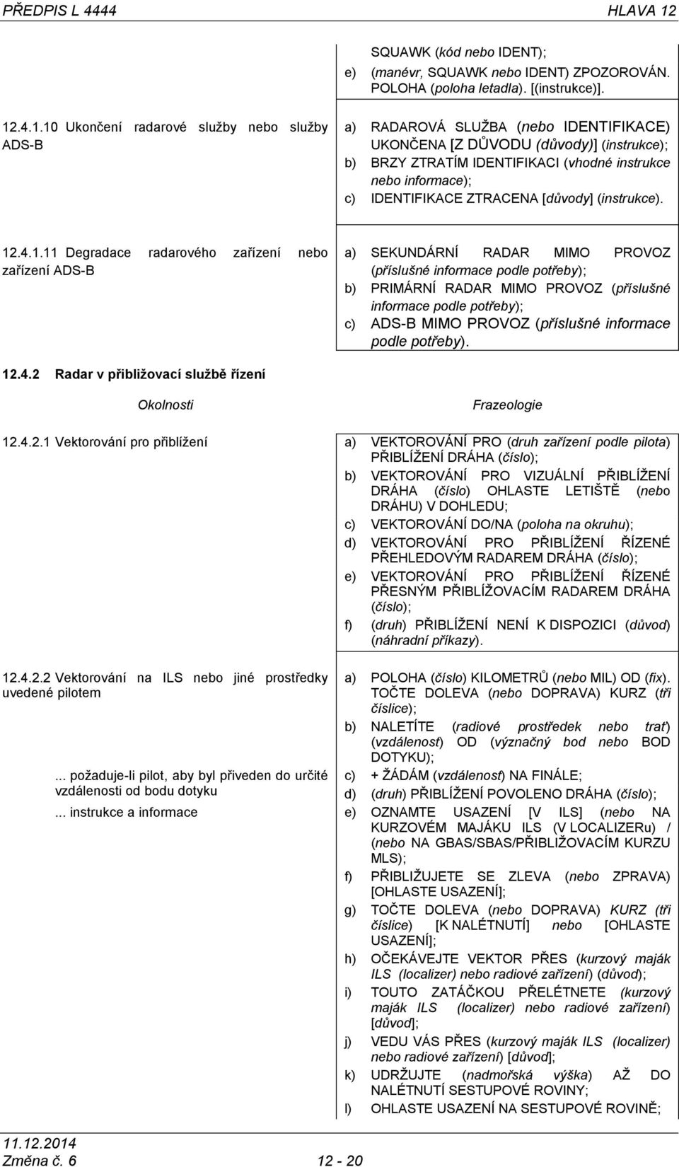 .4.1.10 Ukončení radarové sluţby nebo sluţby ADS-B a) RADAROVÁ SLUŢBA (nebo IDENTIFIKACE) UKONČENA [Z DŦVODU (důvody)] (instrukce); b) BRZY ZTRATÍM IDENTIFIKACI (vhodné instrukce nebo informace); c)