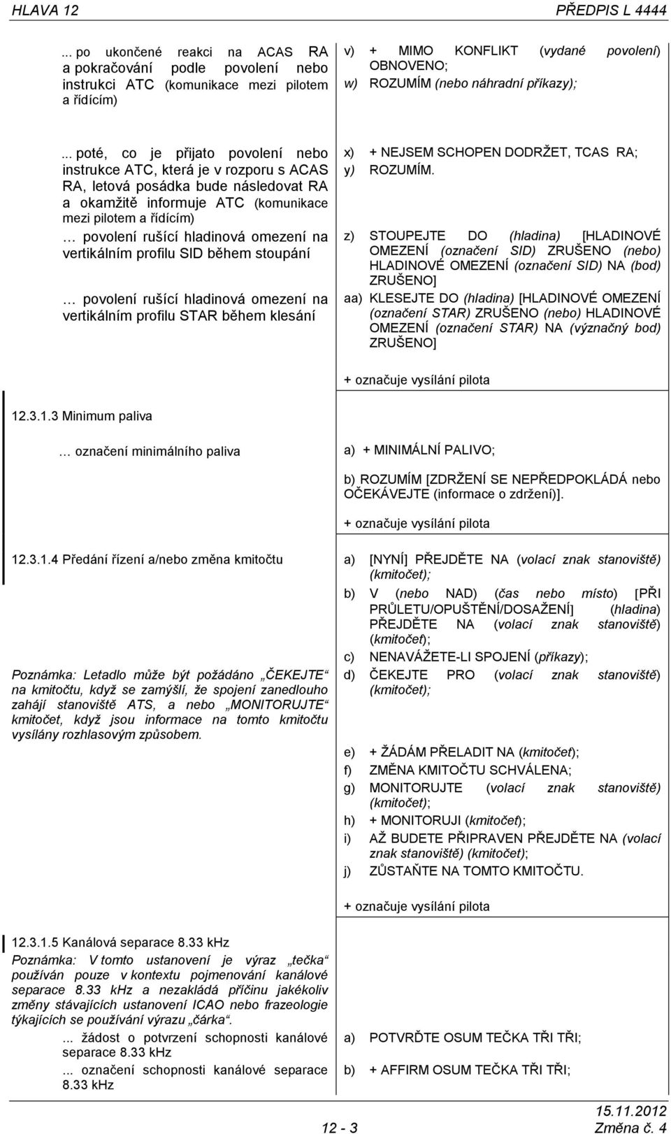 .. poté, co je přijato povolení nebo instrukce ATC, která je v rozporu s ACAS RA, letová posádka bude následovat RA a okamţitě informuje ATC (komunikace mezi pilotem a řídícím) povolení rušící