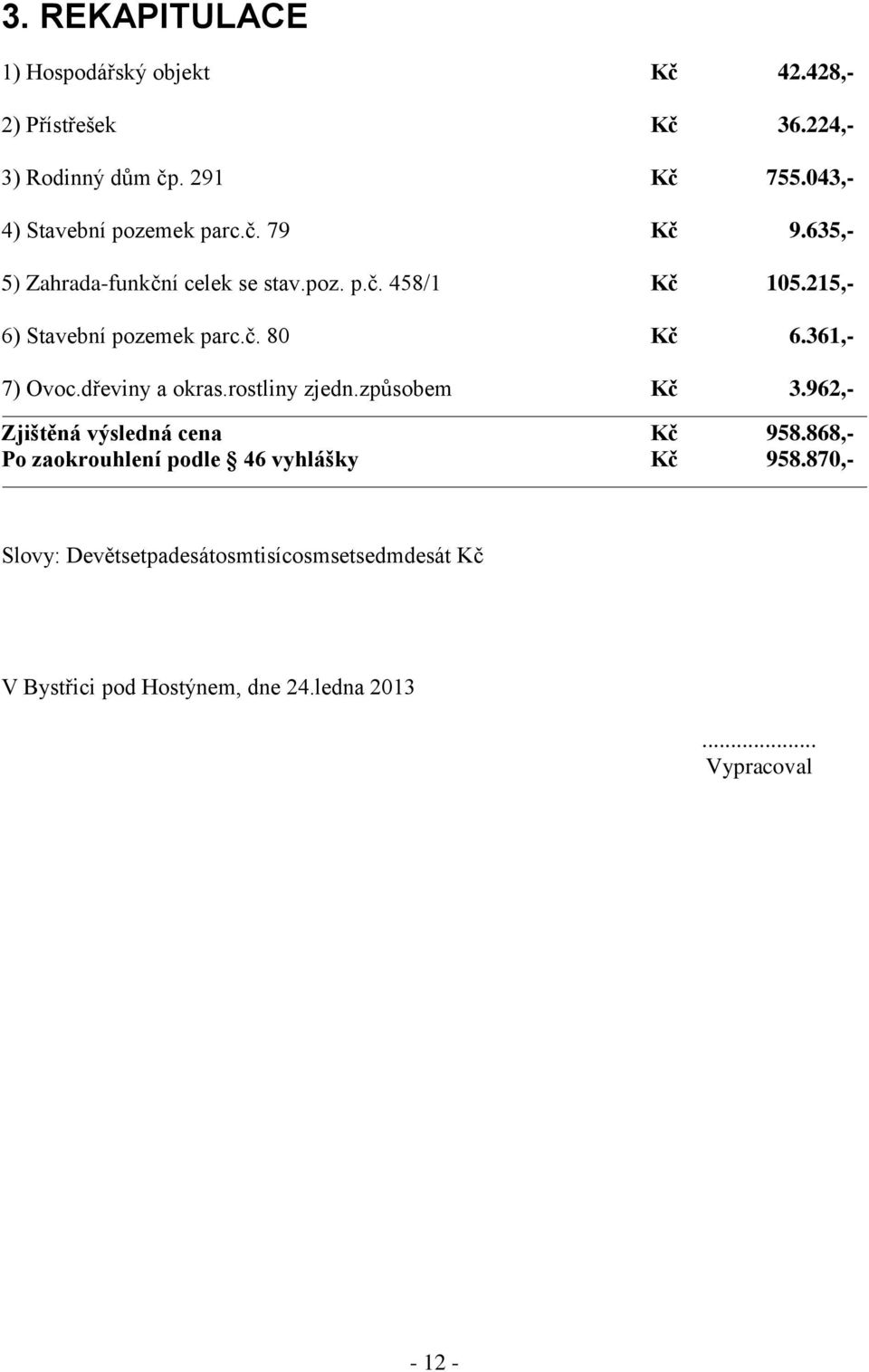 215,- 6) Stavební pozemek parc.č. 80 Kč 6.361,- 7) Ovoc.dřeviny a okras.rostliny zjedn.způsobem Kč 3.