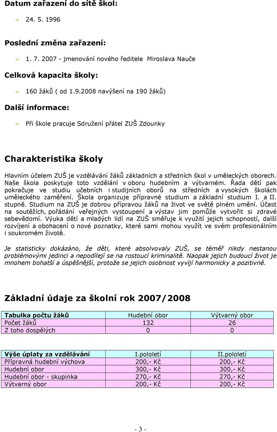 2008 navýšení na 190 žáků) Další informace: Při škole pracuje Sdružení přátel ZUŠ Zdounky Charakteristika školy Hlavním účelem ZUŠ je vzdělávání žáků základních a středních škol v uměleckých oborech.