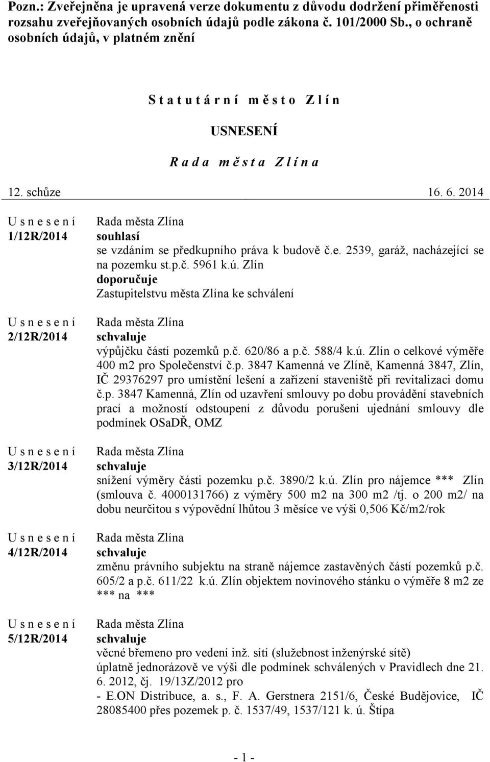 2014 1/12R/2014 2/12R/2014 3/12R/2014 4/12R/2014 5/12R/2014 souhlasí se vzdáním se předkupního práva k budově č.e. 2539, garáž, nacházející se na pozemku st.p.č. 5961 k.ú.