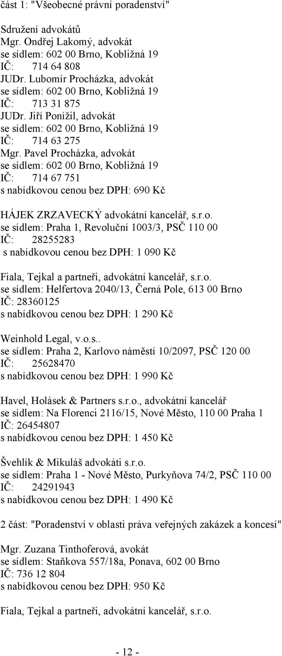 Pavel Procházka, advokát se sídlem: 602 00 Brno, Kobližná 19 IČ: 714 67 751 s nabídkovou cenou bez DPH: 690 Kč HÁJEK ZRZAVECKÝ advokátní kancelář, s.r.o. se sídlem: Praha 1, Revoluční 1003/3, PSČ 110 00 IČ: 28255283 s nabídkovou cenou bez DPH: 1 090 Kč Fiala, Tejkal a partneři, advokátní kancelář, s.