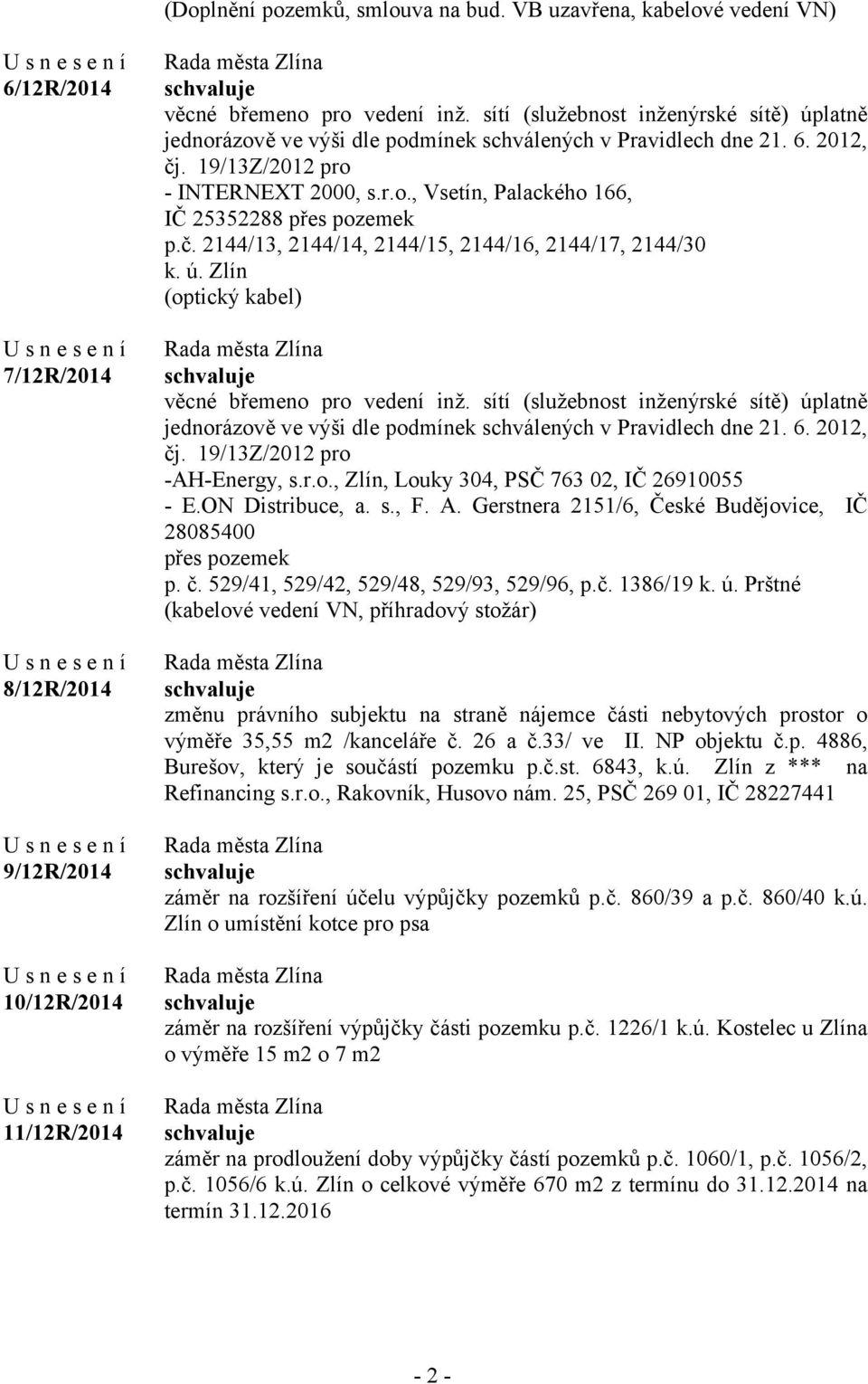 č. 2144/13, 2144/14, 2144/15, 2144/16, 2144/17, 2144/30 k. ú. Zlín (optický kabel) věcné břemeno pro vedení inž.