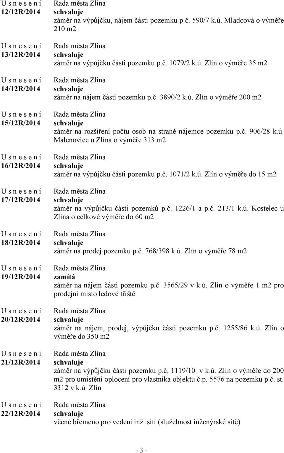 č. 906/28 k.ú. Malenovice u Zlína o výměře 313 m2 záměr na výpůjčku části pozemku p.č. 1071/2 k.ú. Zlín o výměře do 15 m2 záměr na výpůjčku částí pozemků p.č. 1226/1 a p.č. 213/1 k.ú. Kostelec u Zlína o celkové výměře do 60 m2 záměr na prodej pozemku p.