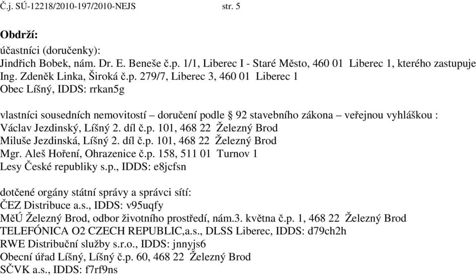 díl.p. 101, 468 22 Železný Brod Mgr. Aleš Ho ení, Ohrazenice.p. 158, 511 01 Turnov 1 Lesy eské republiky s.p., IDDS: e8jcfsn dot ené orgány státní správy a správci sítí: EZ Distribuce a.s., IDDS: v95uqfy M Ú Železný Brod, odbor životního prost edí, nám.