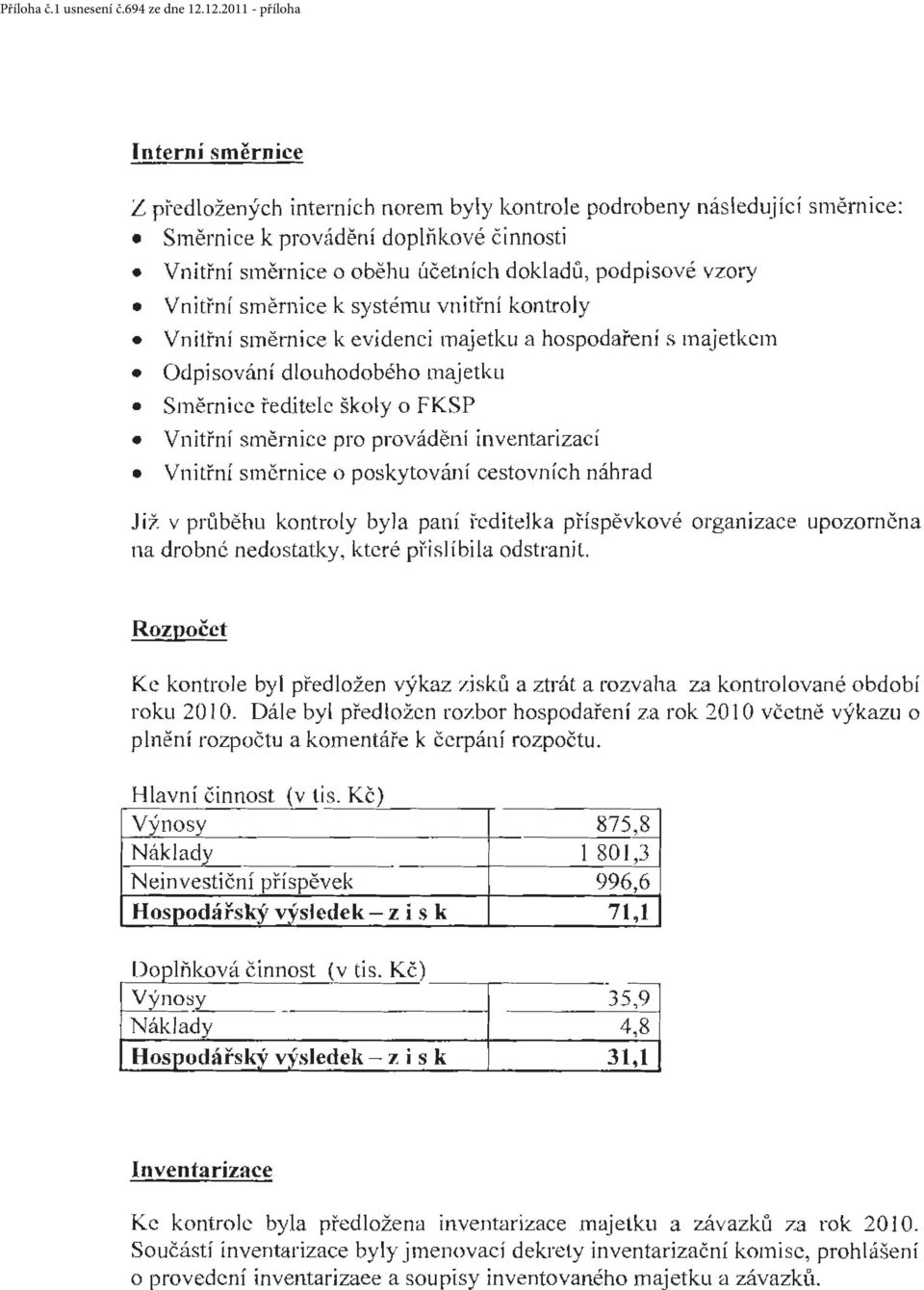 ř"ení s majetkem Odpisování dlouhodobého majetku Směrnice ředitele školy o FKSP Vnitřní směrnice pro provádění inventarizací Vnitřní směrnice o poskytování cestovních náhrad Jíž v prl'tběhu kontroly