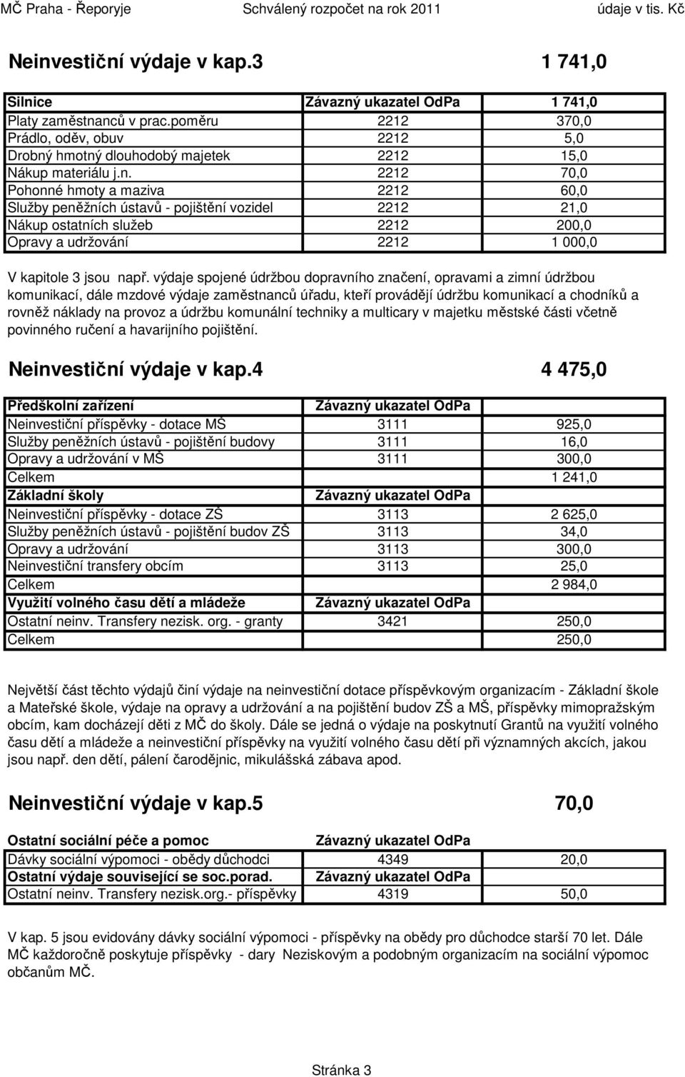 komunální techniky a multicary v majetku městské části včetně povinného ručení a havarijního pojištění. Neinvestiční výdaje v kap.