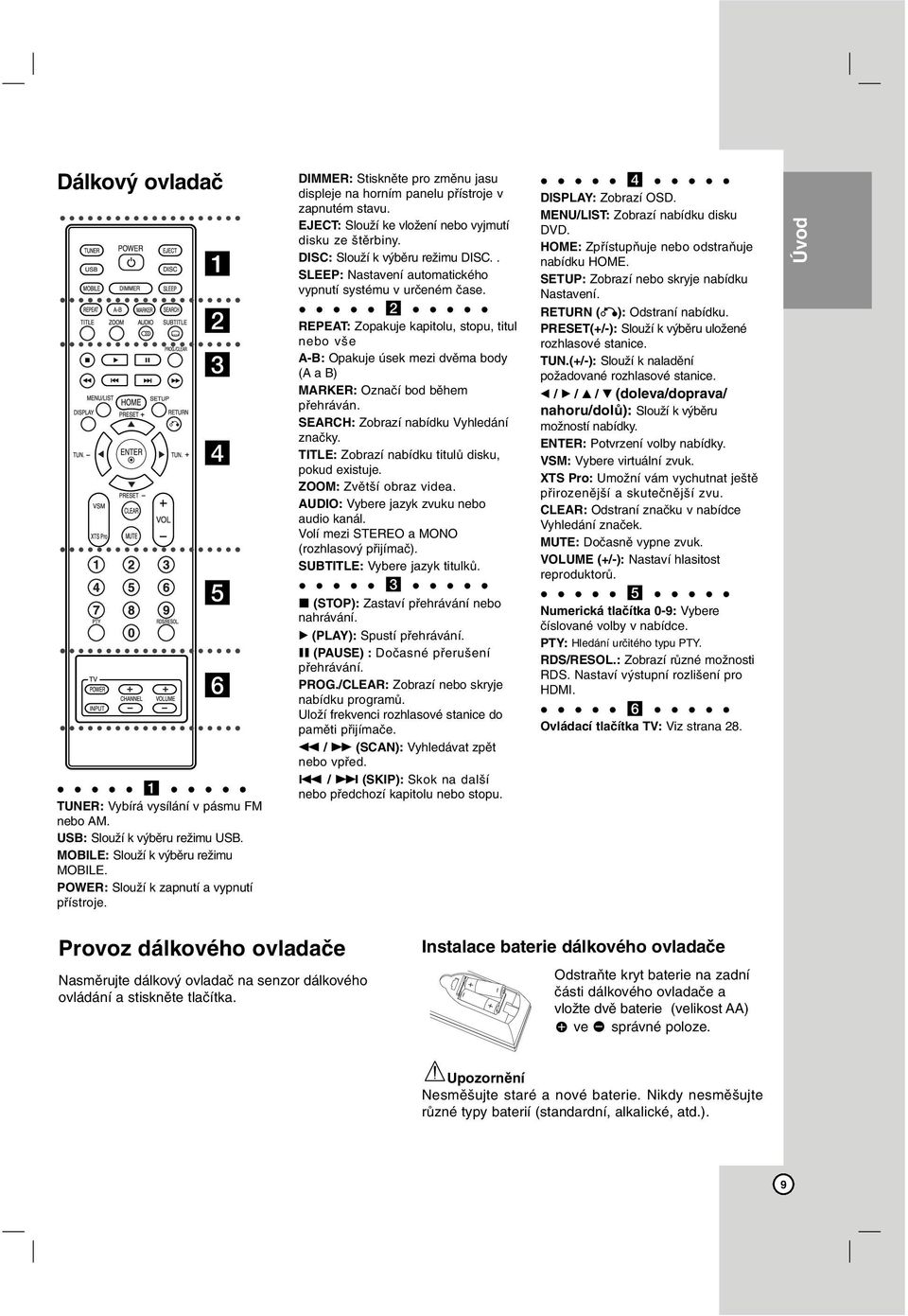 . SLEEP: Nastavení automatického vypnutí systému v určeném čase. b REPEAT: Zopakuje kapitolu, stopu, titul nebo vše A-B: Opakuje úsek mezi dvěma body (A a B) MARKER: Označí bod během přehráván.