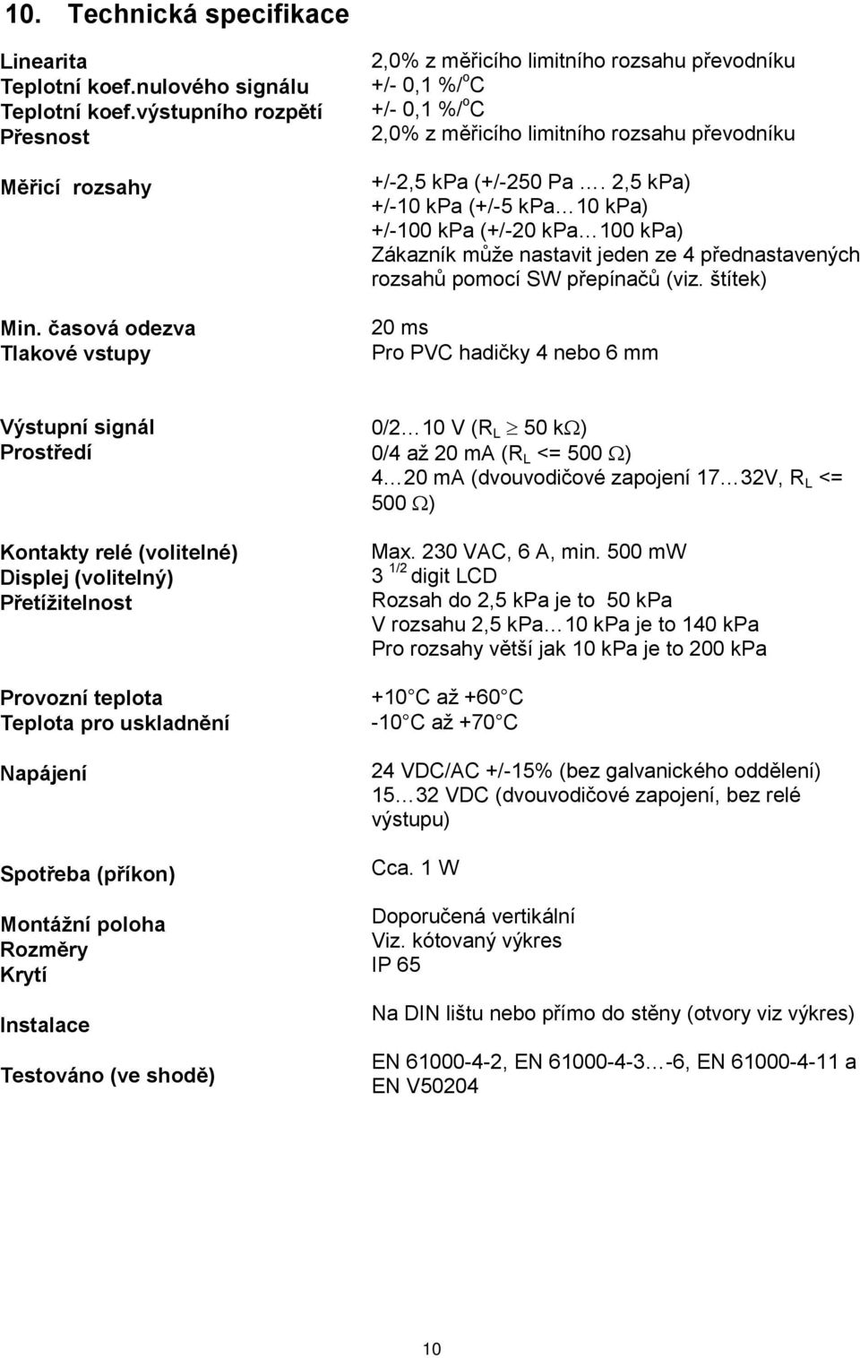 2,5 kpa) +/-10 kpa (+/-5 kpa 10 kpa) +/-100 kpa (+/-20 kpa 100 kpa) Zákazník může nastavit jeden ze 4 přednastavených rozsahů pomocí SW přepínačů (viz.