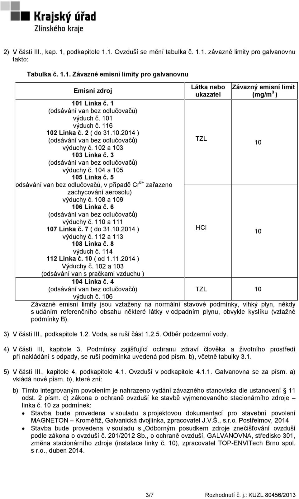 5 (odsávání van bez odlučovačů, v případě Cr 6+ zařazeno zachycování aerosolu) výduchy č. 108 a 109 106 Linka č. 6 výduchy č. 110 a 111 107 Linka č. 7 ( do 31.10.2014 ) výduchy č.