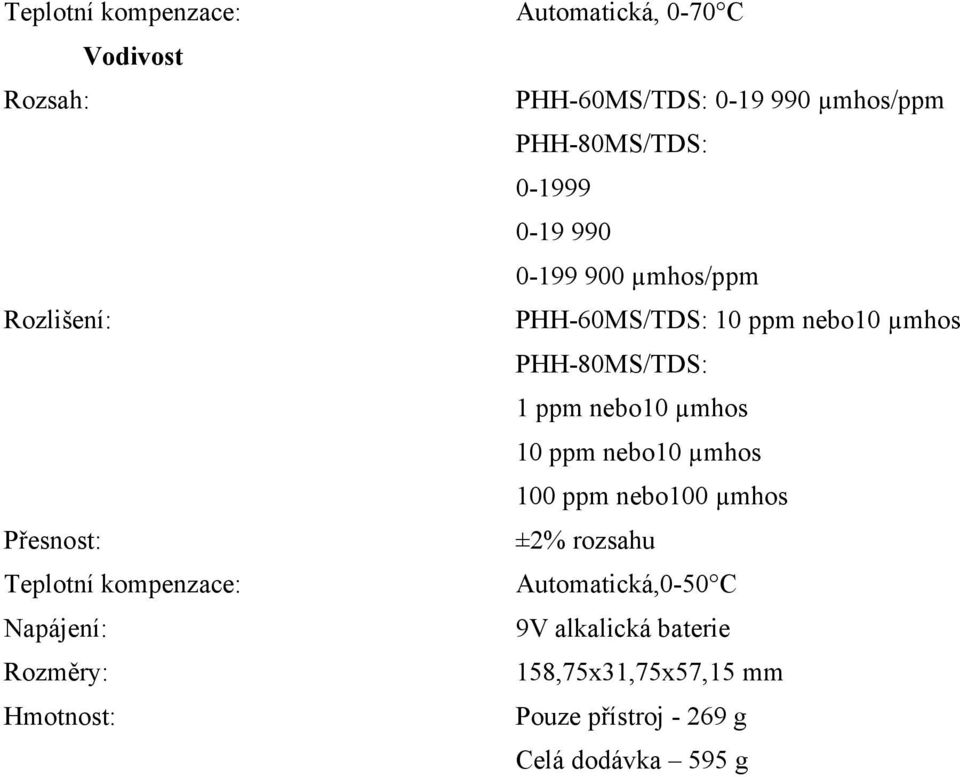 PHH-60MS/TDS: 10 ppm nebo10 µmhos PHH-80MS/TDS: 1 ppm nebo10 µmhos 10 ppm nebo10 µmhos 100 ppm nebo100 µmhos