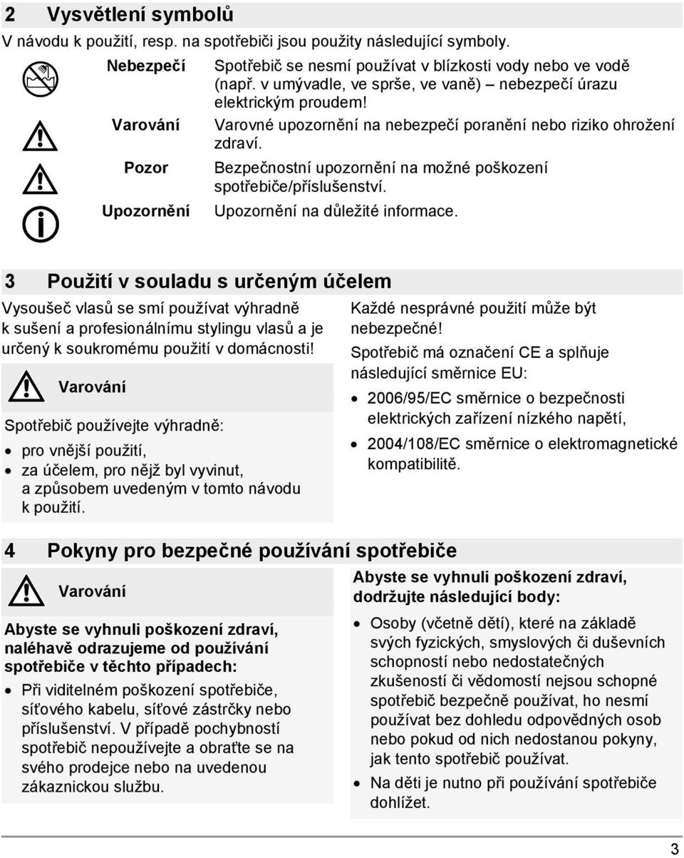 Bezpečnostní upozornění na možné poškození spotřebiče/příslušenství. Upozornění na důležité informace.