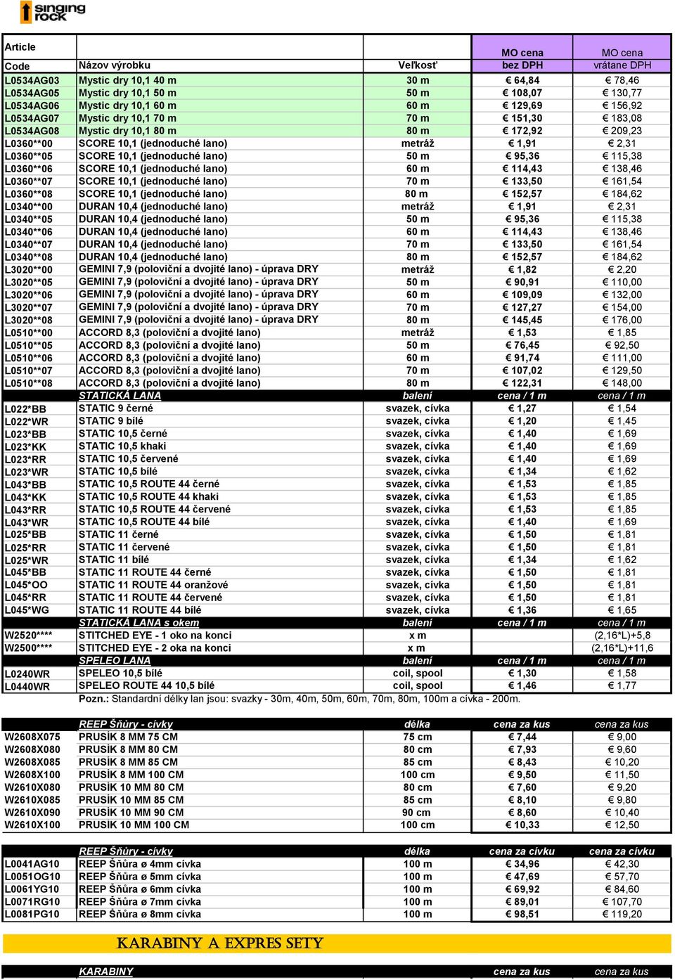 lano) 60 m 114,43 138,46 L0360**07 SCORE 10,1 (jednoduché lano) 70 m 133,50 161,54 L0360**08 SCORE 10,1 (jednoduché lano) 80 m 152,57 184,62 L0340**00 DURAN 10,4 (jednoduché lano) metráž 1,91 2,31