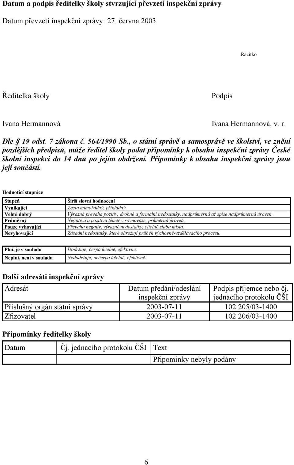 , o státní správě a samosprávě ve školství, ve znění pozdějších předpisů, může ředitel školy podat připomínky k obsahu inspekční zprávy České školní inspekci do 14 dnů po jejím obdržení.